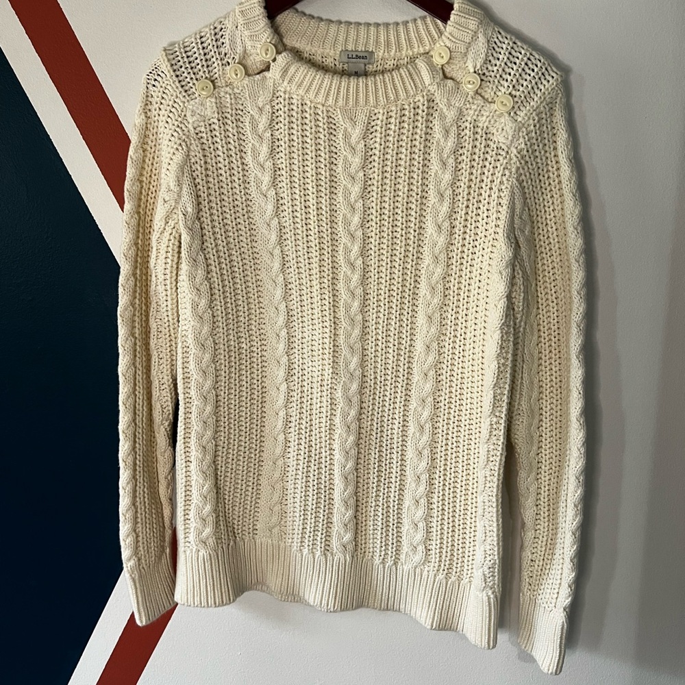 L.L. Bean Cream Fisherman Preppy Cable-Knit Button-Shoulder Sweater
